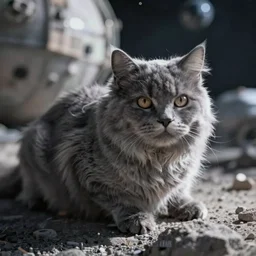 A grey Photorealistic fluffy cat in space