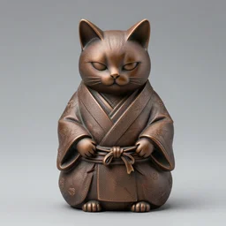 elegant anthropomorphic cat figurine wearing a kimono, cast brown resin, toggles, very highly detailed, intricate, monotone, shy looking down