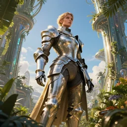 large and strong female knight in a hi-tech botanical world with blue skies | style of donato giancola, vincent callebaut, dramatic light | high detail | cinematic lighting | pristine metals, glass, plants | solarpunk | golden hour | volumetric lighting | concept art |