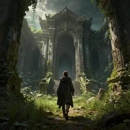 an caped traveller walking on an abandoned temple, overgrown, grassy, sunny, dungeon, mystery, fantasy, fine details. night setting. realistic shaded lighting poster by craig mullism, artgerm, jeremy lipkin and michael garmash, unreal engine, radiant light, detailed and intricate environment, digital art, trending on art station,