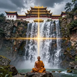 a beautiful picture of waterfall in full bloom, rocks, giant palace, monk meditate, golden ratio, perfect symmetrical, greg rutkowski, thomas kinkade, artstation