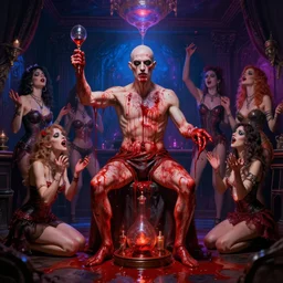 hyper realistic matte painting portrait bald british man tweakers!! addicts!! groupies! performing ritual!!! blood!! magic! interior of goth club electric lighting greg rutkowski artstation hdr vaporwave ( ( ( ( alphonse mucha ) ) ) )