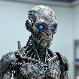 photo taken of an epic intricate, ultra detailed, super realistic gritty, wet, lifelike sculpture of an humanoid android hybrid creature with bioluminescent eyes and patches of skin created by weta workshop, zoomed in shots, subsurface scattering, photorealistic, sharp focus, white wall coloured workshop, cold colour temperature, f 0. 4, face centred, golden ratio,