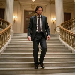 sharp, highly detailed, color film of keanu reeves walking up the stairs in the palace, trending on artstation, nice composition, hyper real, photorealistic, octane render