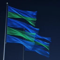 flags of blue and green wire unravel in a strong wind across the night sky, unreal engine