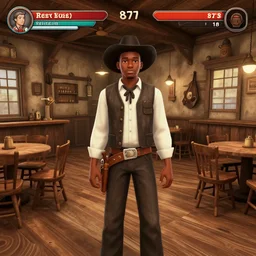 screenshot of gameplay dating simulator game set in 1 8 7 3, interior of old west saloon, featuring african american and japanese cowboys and cowgirls in ghost town with buildings painted bright pastel colors, morning light with mountains in the background