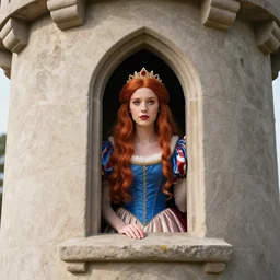 a photorealistic princess, with red hair, locked in a tower