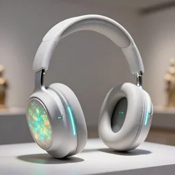 futuristic headphones made of boulder opal, glowing, clean futuristic design, nixie tube accents, sacred, angelic, divine, museum lighting