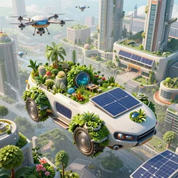 solarpunk vehicle above a city, scifi, futuristic, bright light, highly detailed, concept art, green plants, research complex, school, drones, solar panels, flowers, utopia, sharp focus, trending on artstation, intricate, atmosphere, raining, art by roman makarenko, dzung phung dinh
