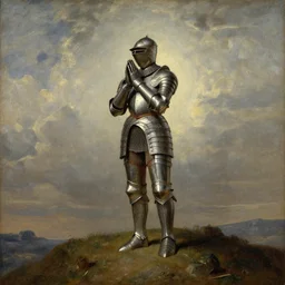 Oil painting Jeanne d\'Arc praying on the top of the hill battle-scarred armor