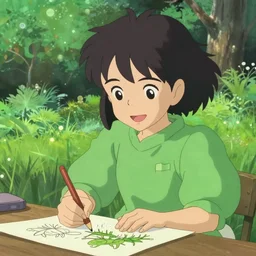 anime fine details portrait of joyful girl draws a picture in nature, trees, green meadows, bokeh. anime masterpiece by Studio Ghibli. 8k, sharp high quality classic anime from 1990 in style of Hayao Miyazaki