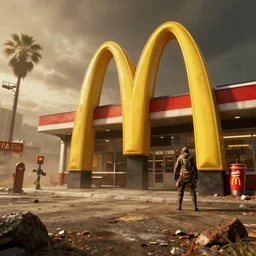 post apocalyptic McDonald's, fallout, wasteland, octane render, 4k