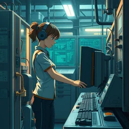 a film still of a 1 9 5 0's mechanic anime girl working on a giant computer, finely detailed features, full body mid shot, perfect art, in the science laboratory, trending on pixiv fanbox, painted by gaston bussiere, makoto shinkai, akihiko yoshida, gaston bussiere, craig mullins, studio ghibli