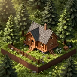 concept art of a cabin in the woods, isometric view, detailed, volumetric lighting, unreal engine