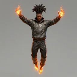 a highly detailed illustration of black guy with tall box fade hair wearing tracksuit with flaming hands and feet, heroic flying pose, intricate, elegant, highly detailed, centered, digital painting, artstation, concept art, smooth, sharp focus, league of legends concept art, wlop