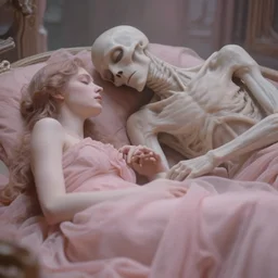 cinestill 5 0 d depht of gfield of a dreamy beautiful pre - raphaelite couple hypnos and thanatos in style of annie liebovitz - john watherhouse, sleeping in a dystopian environment, elegant, highly detailed, pale pink matt, soft blur, artstation, head in focus