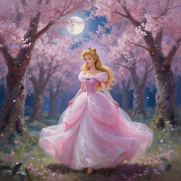 a beautiful painting of princess aurora in a cherry blossom forest, volumetric lighting, moonlit by greg rutkowski and kalin popov, trending on artstation, masterpiece,