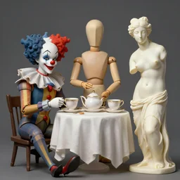 A harlequin, an articulated mannequin, and an anatomical Venus are having a tea party, matte painting, artstation