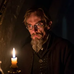 skinny, cautious, paranoid 7 0 years old alchemist ( ian mckellen with a long goatee and with scissor glasses ), looks around in a dark medieval inn. ( ( ( close up ) ) ), dark shadows, colorful, candle light, law contrasts, fantasy concept art by jakub rozalski, jan matejko, and j. dickenson