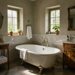an antique italian bathroom, a clawfoot bathtub, towels, cupboards, bath faucet, some plants, tiny window with daylight, peaceful, jeremy lipking, serge marshennikov, rembrandt