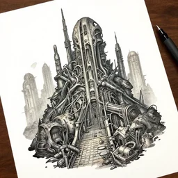 Well-detailed color Tattoo stencil drawing, excellent composition, dystopian brutalist