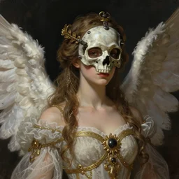 hyperdetailed portrait of beautiful angel princess with skull iron mask. baroque renaissance girl in the night fores. highly detailed portrait, digital painting, sharp foccus ilustration, artstation hq. intricate, elegant. wlop, greg rutkowski, alphonse mucha, medium shot. dan mumford
