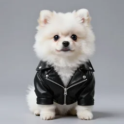 a photorealistic image of a charismatic panda style Pomeranian puppy dressed in a stylish black leather jacket Trending on Artstation, featured on Behance, well-rendered, Unreal Engine, 4K HD