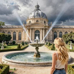 neoclassical building with dome in a garden next to a fountain, blonde hair, pinterest, artstation trending, behance, watercolor, by coby whitmore, silver, laser light,
