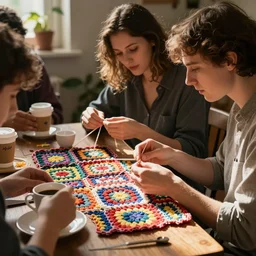 stock photo of people enjoying making a granny chart, fun, activity, coffee