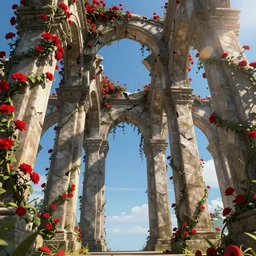 broken arches leading to the pillars of eternity draped with red flowers and vines, blue sky, lens flare, a sense of mystery, cinematic, ultra detailed, intricate, sharp focus, trending on artstation, cartoon illustration by Greg Rutkowski, 8K