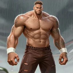 strongest neymar, highly detailed, super tall, white skin, very muscular face, strong, beast, brown pants with holes, rain background, digital art, pixiv fanbox, artstation, by greg rutkowski, wlop