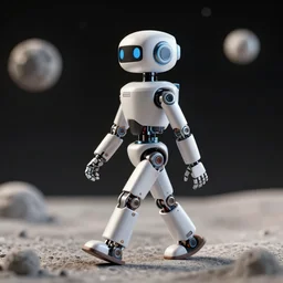 a robot walking on the Moon, octane render, bokeh