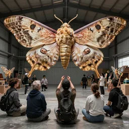 a group of people gathered in a warehouse, worshipping a giant moth, highly detailed, 8 k, realistic,