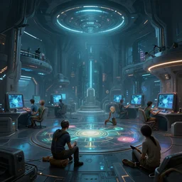 advanced civilisation alien playing game on its gaming room, led lights, sci - fi, indoor, spacious, art by filip hodas and artgerm