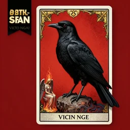 beautiful digital fantasy illustration of a black bird with a red background, poster art by victo ngai, behance contest winner, vanitas, wiccan, tarot card, angel sitting on a rock, abyssal warmth, an ultrafine detailed painting by peter mohrbacher, high detail texture, unreal engine, 8 k, photographic quality, ultra hyper realistic quality, 8 k definiton, hyper - realistic, cinematic