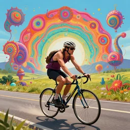 psychedelic trippy art man on a bicycle on a road