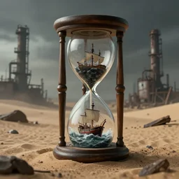hourglass 1 8 th century style with ship on a stormy sea in it, placed in a post - apocalyptic desert, with broken down factories in the background, doomy, artwork, hellscape, artistic, in the style of dariusz zawadzki, gloomy, trending on artstation