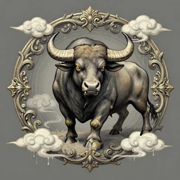 sacred angry buffalo, acanthus scroll, ceremonial clouds, dripping paint, fibonacci rhythm, artstation, art germ, wlop, karol bak, christopher balaskas, ross tran