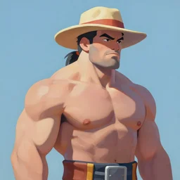 greg manchess portrait of thick muscular weightlifter zarya from overwatch with ponytail wearing beach hat, medium shot, asymmetrical, profile picture, organic painting, sunny day, matte painting, bold shapes, hard edges, street art, trending on artstation, by huang guangjian and gil elvgren and sachin teng