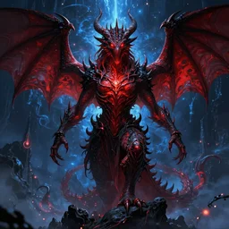 the return of nicol bolas the dragon god, in the style of magic the gathering, red and black and blue color scheme, d & d, fantasy, art by raymond swanland and svetlin velinov, cosmic, terrifying, cosmic horror, intricate detail, cinematic, 8 k, cel shaded, unreal engine, featured on artstation, pixiv