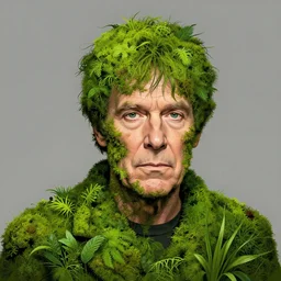 portrait of Stephen King covered in plants and moss illustrated by Les Edwards