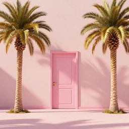 cosmos, indoor liminal space, golden light, greg rutkowski, palm trees, pink door, minimalistic, hyperrealistic surrealism, award winning masterpiece with incredible details, epic stunning, infinity pool mirrors, a surreal vaporwave liminal space with mirrors, highly detailed, trending on artstation, artgerm and greg rutkowski and alphonse mucha, daily deviation