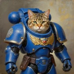 a portrait of a cat as a Space Marine from the Warhammer 40k, ultramarine space marine cat, blue armor, glorious, masterpiece painting by Rembrandt.