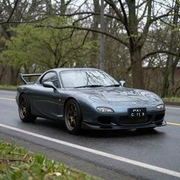 A Mazda RX-7 parked in a road with trees, rainy spring season, Epic photography, taken with a Canon DSLR camera, 50 mm, insane depth of field
