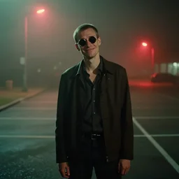 orientalist portrait of a slender man with short hair and rounded sunglasses, smiles in despair, atmospheric and obscure, standing on a parking lot, surrounded by mist and red street lights, by roger deakins, cinematography, syd mead, phil hale, 5 0 mm