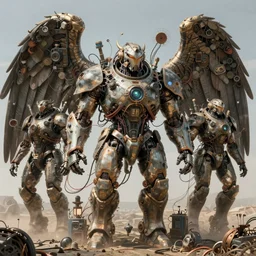sci - fi, giant armored group of archangels, greeble, wires and sensors around, art by ismail inceoglu