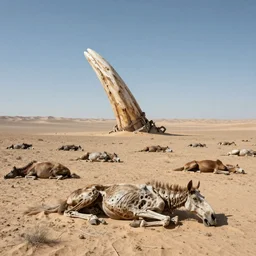 a giant teeth emerging from the distance in a desertic landscape full of dead horses