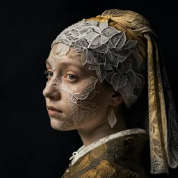 a woman's face in profile, made of intricate lace leaves, in the style of the dutch masters and gregory crewdson, dark and moody