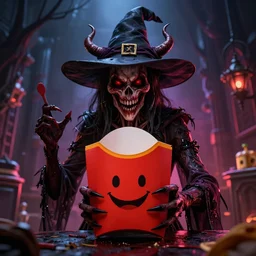 a witchcraft demonic version of a happy meal in hell, horrific, 8 k, octane render, volumetric lighting, hdr, hyperrealsitic