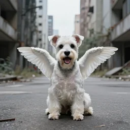 photo of a white schnauzer dog with open wings on his back sitting on the street of an abandoned dystopic city, hyprrealism, 5 5 mm photo